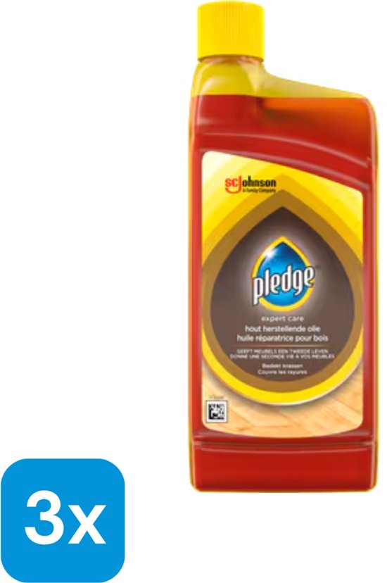Drie flessen Pledge meubelolie met gele dop, amberkleurige vloeistof en geel/bruin label met logo.
