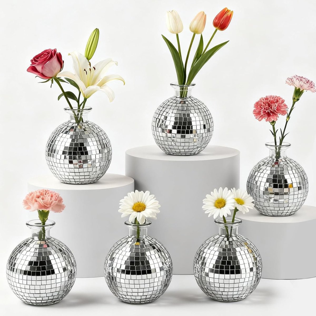 Set van 6 Spiegelglazen Vazen voor Bloemen - Decoratieve Vazen voor Tafelversiering, Bruiloft en Interieurdecoratie - 8.6 x 9.6 cm