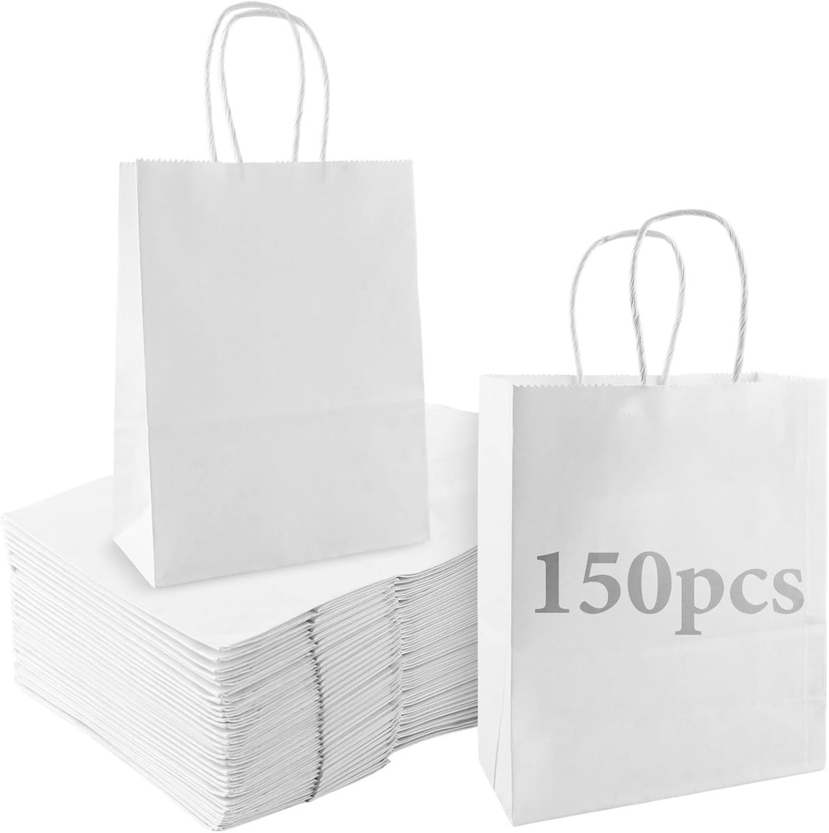 150 Stuks Witte Papieren Tassen, Kraft Tassen 15 x 8 x 21 cm, Draagbare Tassen voor Cadeaus, Feesten en Winkelen