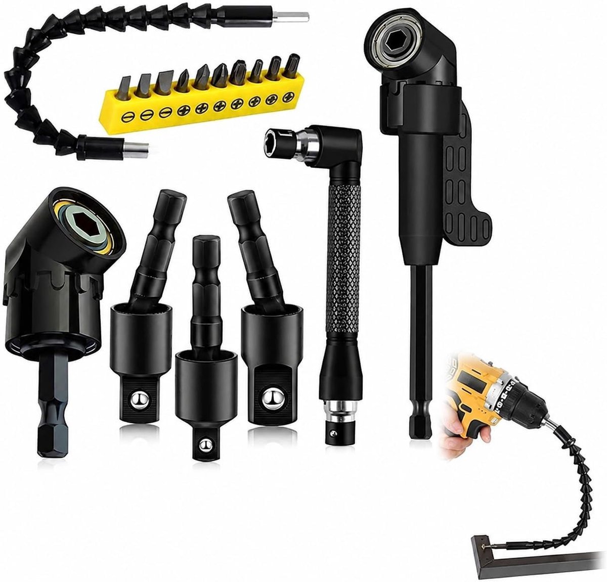 Complete Set van 17 Hoekschroevendraaiers en Booraccessoires voor Accuschroevendraaiers, Inclusief Hoekadapter en Verlengstukken