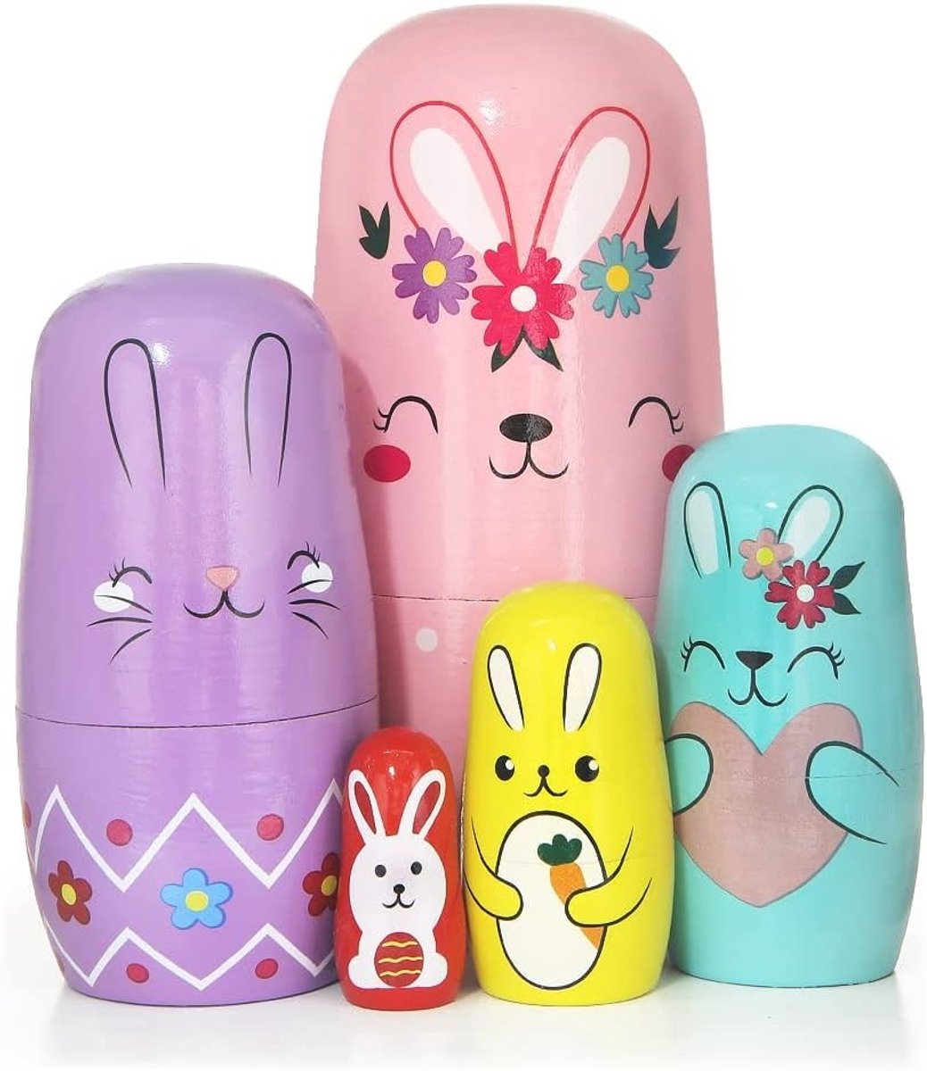 Set van 5 Houten Konijn Poppen - Stapelbare Matryoshka Dieren voor Kinderen, Verjaardag, Pasen en Kerstdecoratie