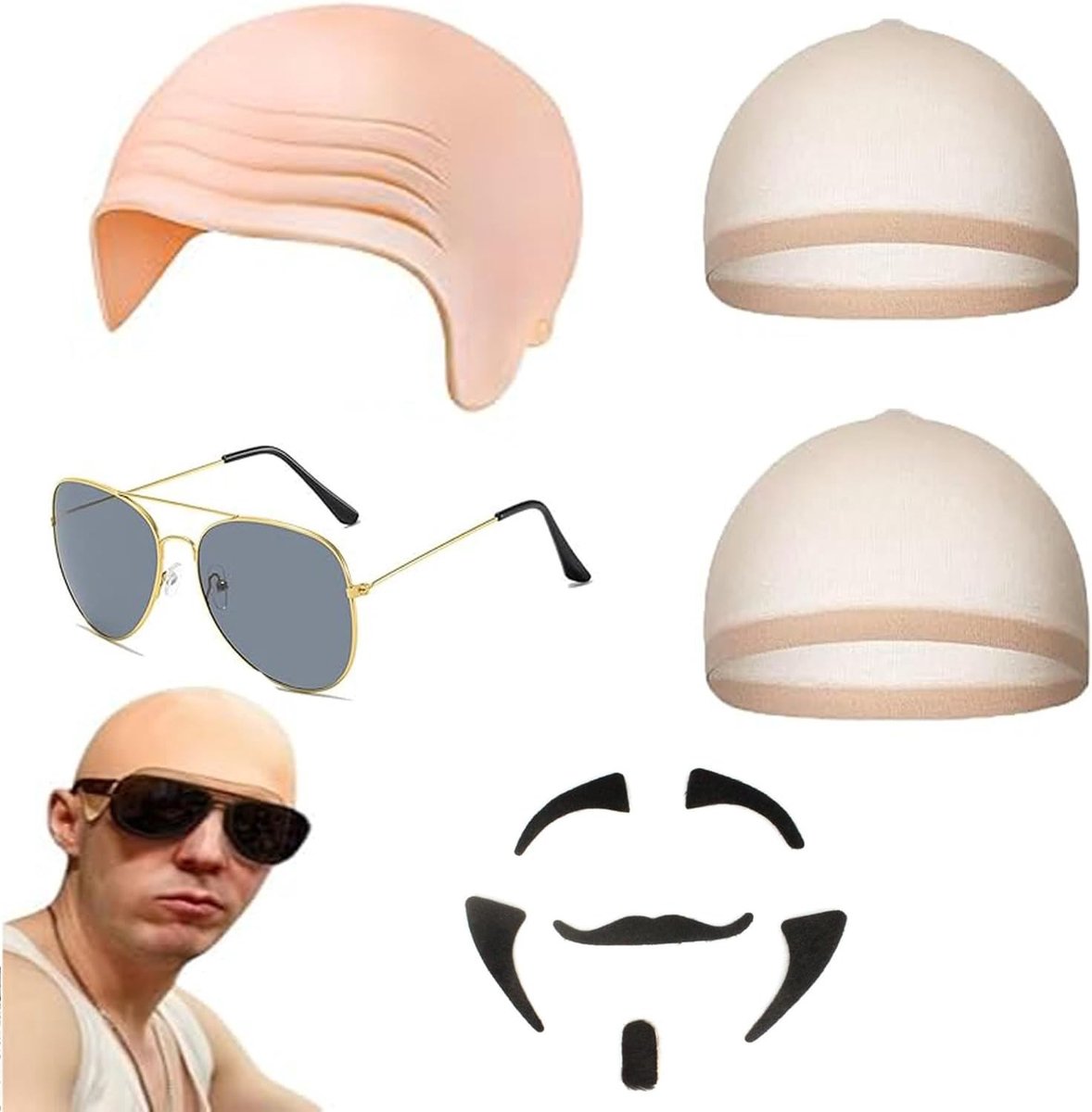 5-delige set voor volwassenen met een latex kaal kapsel, zonnebril, zwarte baard en haarnet voor theater en carnaval accessoires