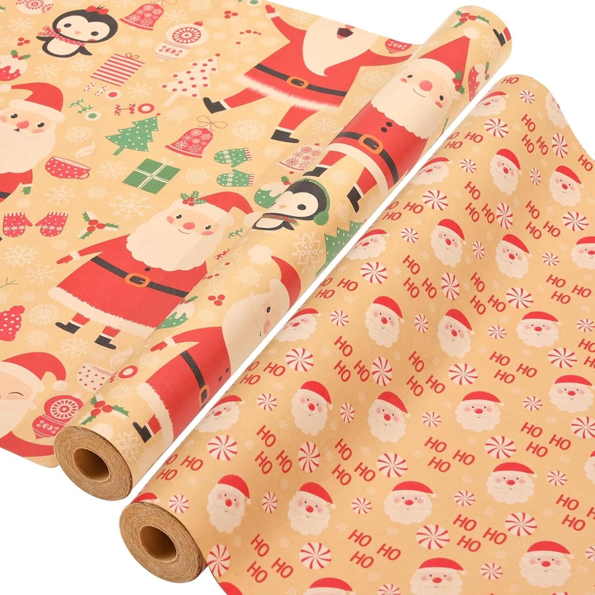 2 Rollen Kerst Inpakpapier - 17 inch x 49,2 Feet per Rol, Recyclebaar Kraft Papier voor Cadeaus, Feestdecoratie en Verjaardagen - 138 m2 Totaal