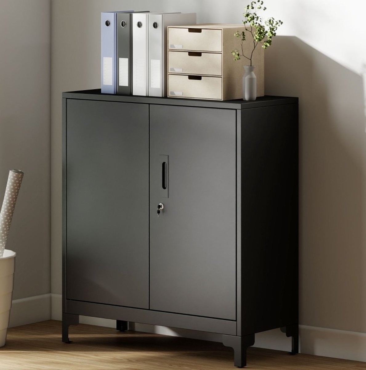 MODFU Archiefkast - Afsluitbare Dubbele Deuren - Metaal - Zwart - 80 X 35 X 91 Cm