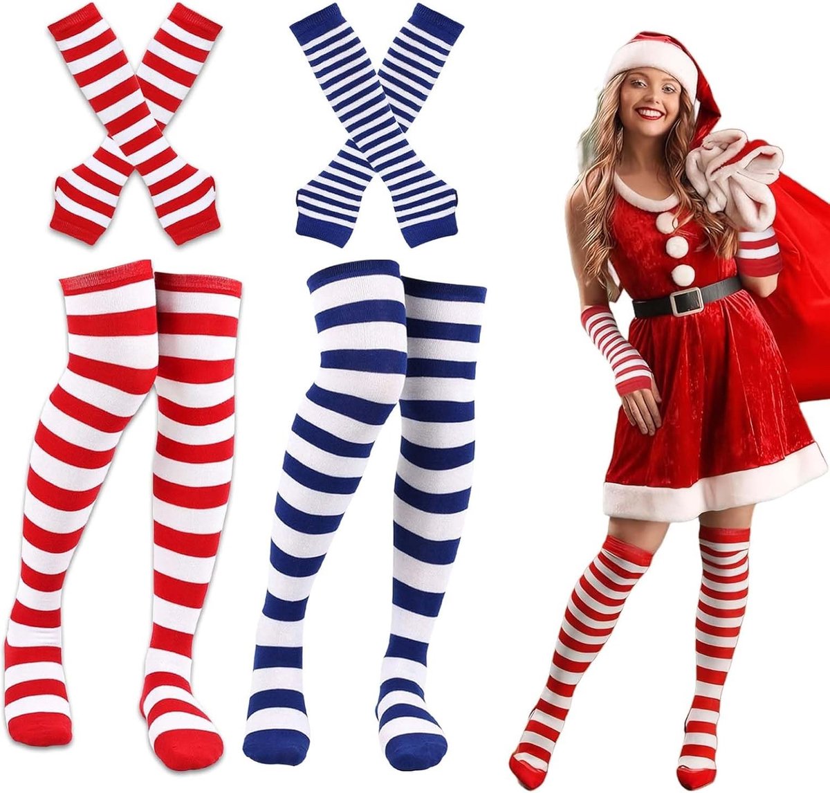 Gestreepte Lange Gebreide Handschoenen en Knie-Hoge Sokken Set - Multifunctionele Accessoires voor Feestjes, One Size, Zwart, Perfect voor Cosplay en Halloween