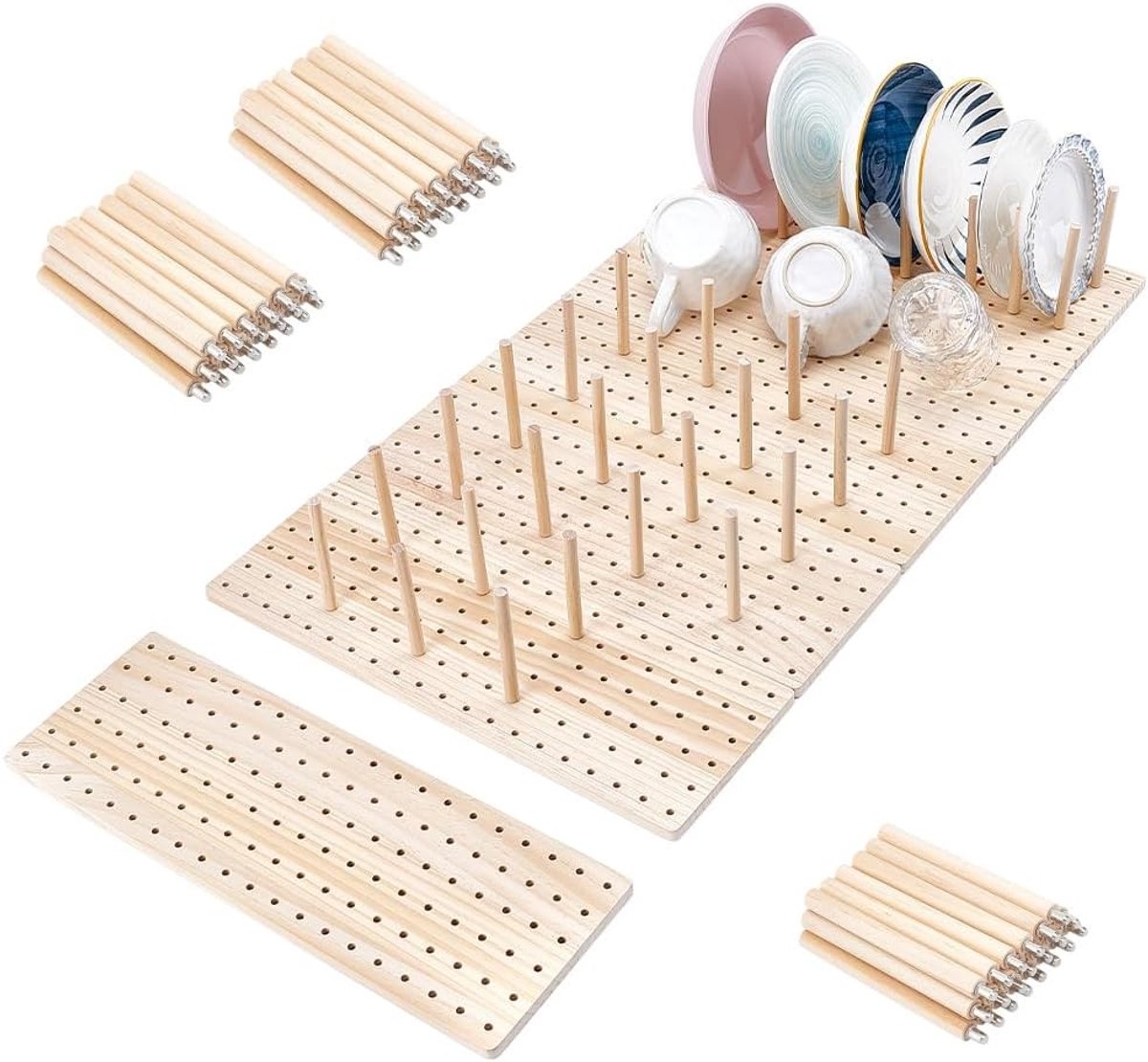6-delige Houten Pegboard Lade Organizer Set - Inclusief 40 Pennen en Schroeven - Ideaal voor Keuken, Tafelgerei en Opbergruimte (43x15cm)
