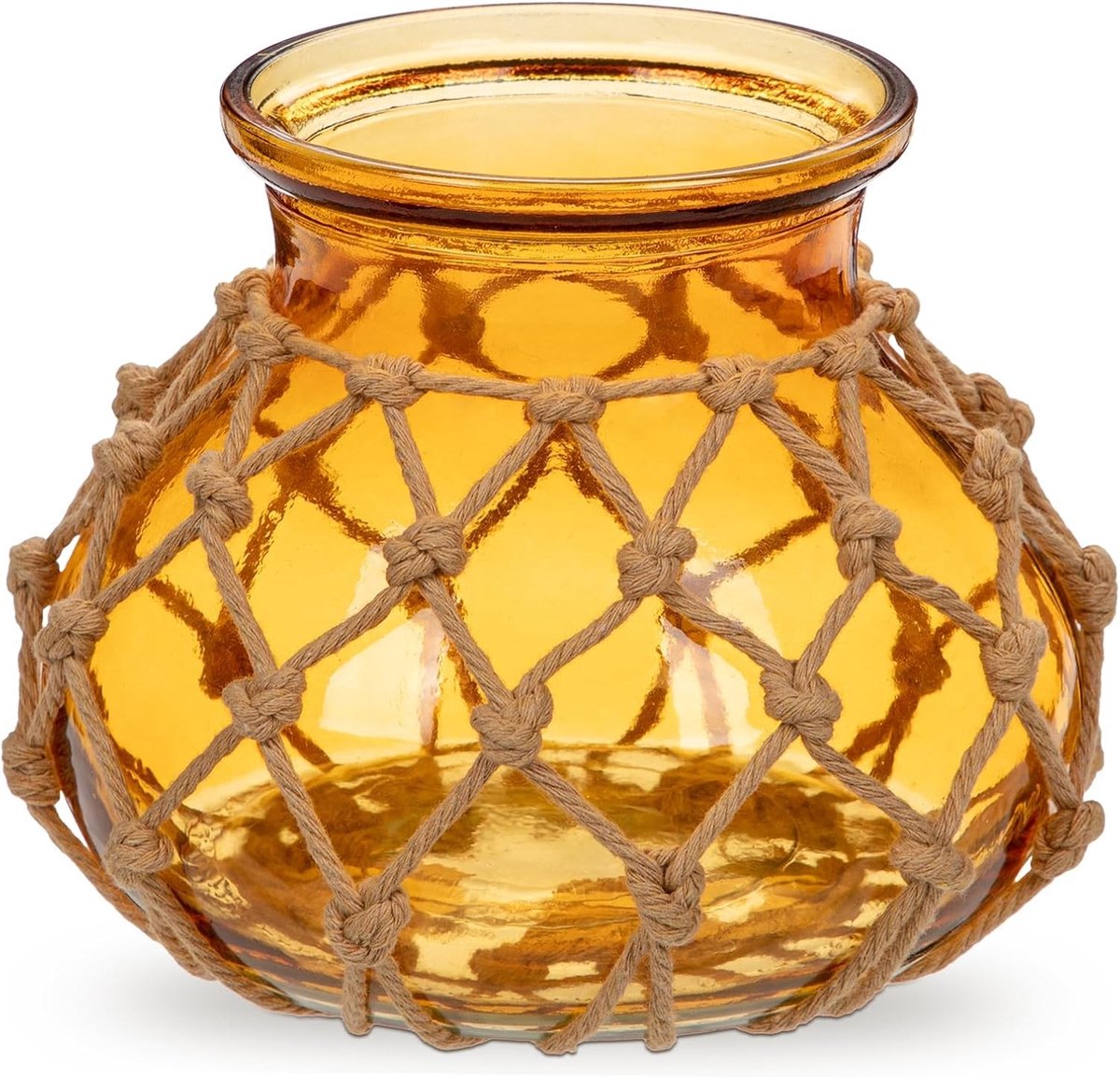 Moderne Amber Glazen Vaasje voor Bloemen met Katoenen Touw - Woven Rond Decoratief Bloemenvaasje voor Tafelcentra, Bruiloften en Thuisdecoratie