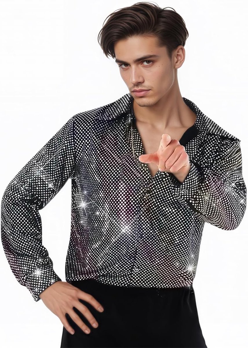 Langsleeve glinsterend shirt voor mannen met pailletten, perfect voor discofeesten, festivals en nachtclubs