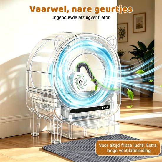 Transparante, zelfreinigende kattenbak met zichtbare ventilator en luchtstroom. Bevat Nederlandse tekst over frisse lucht.