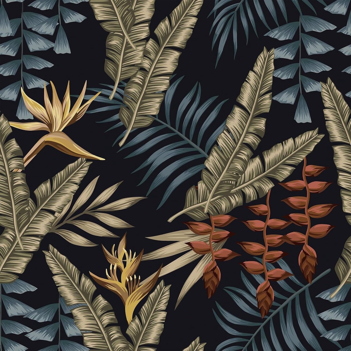 Zelfklevend Jungle Behang met Bladeren in Zwart, Groen en Blauw - Vintage Wanddecoratie voor Meubels en Keukenkasten, 44.5 x