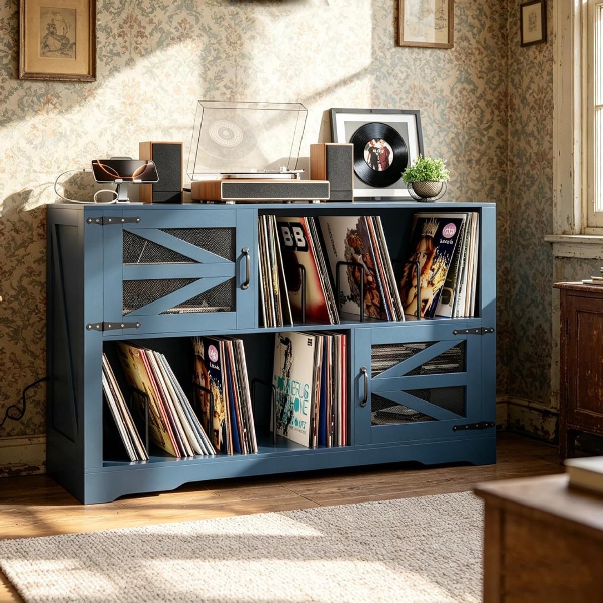 SNJY® Platenspeler Meubel - Platenspeler Kast - LP Houder - Platenhouder - 40D x 120B x 79H cm - Blauw