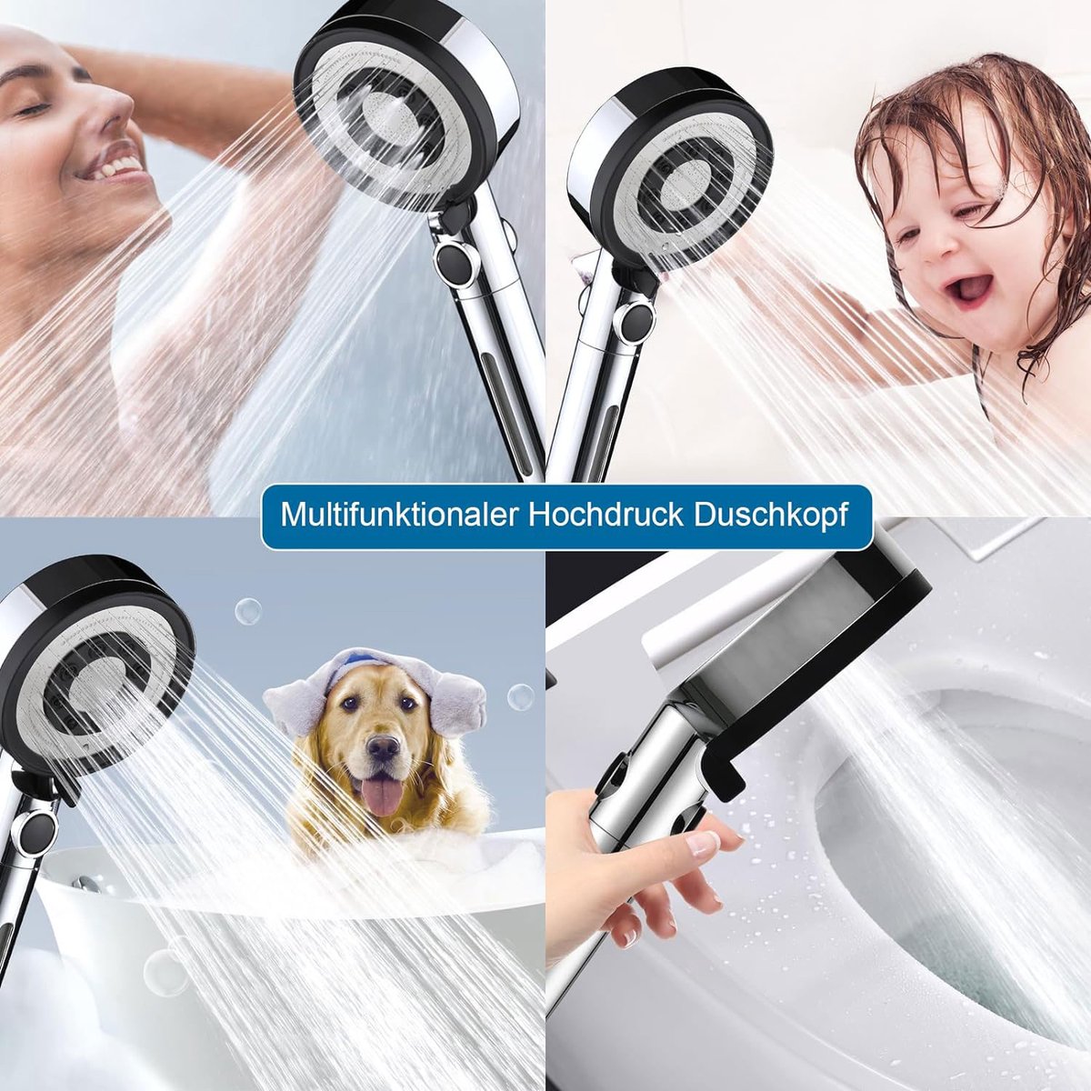 Handdouche met 5 straalsoorten – Hogedruk douchekop met filter en stopfunctie – Douchekop voor dagelijks gebruik – 26,5x11x4 cm – Zwart / Grijs