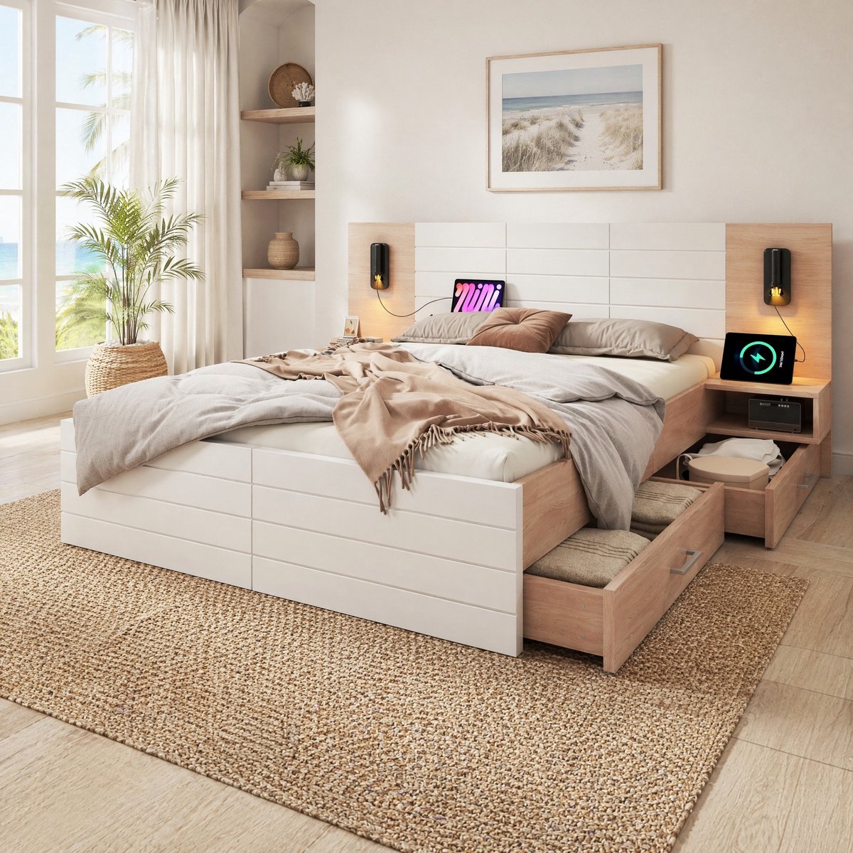 COVREO Bedframe met 2 lades en LED leeslamp – 140x200 cm – Tweepersoons bed van hout en MDF – met USB en lattenbodem – Wit eiken - zonder matras