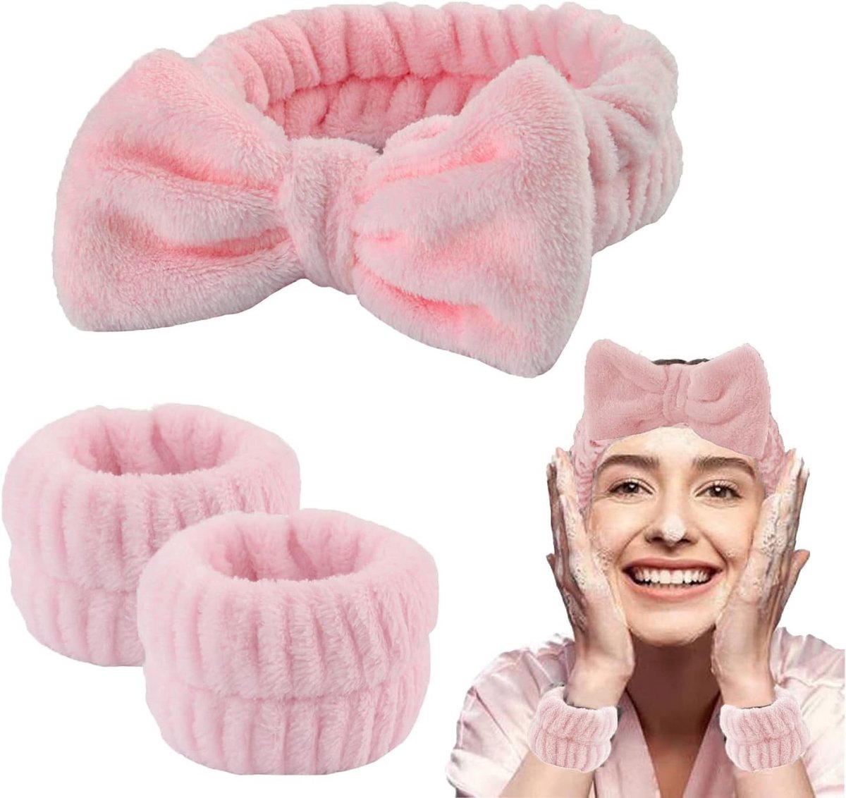 3-delige Set van Waterdichte Spa Hoofdband en Polsbanden - Zachte Pluche Make-up Hoofdband en Polsband voor Gezichtsreiniging en Verzorging (Roze)