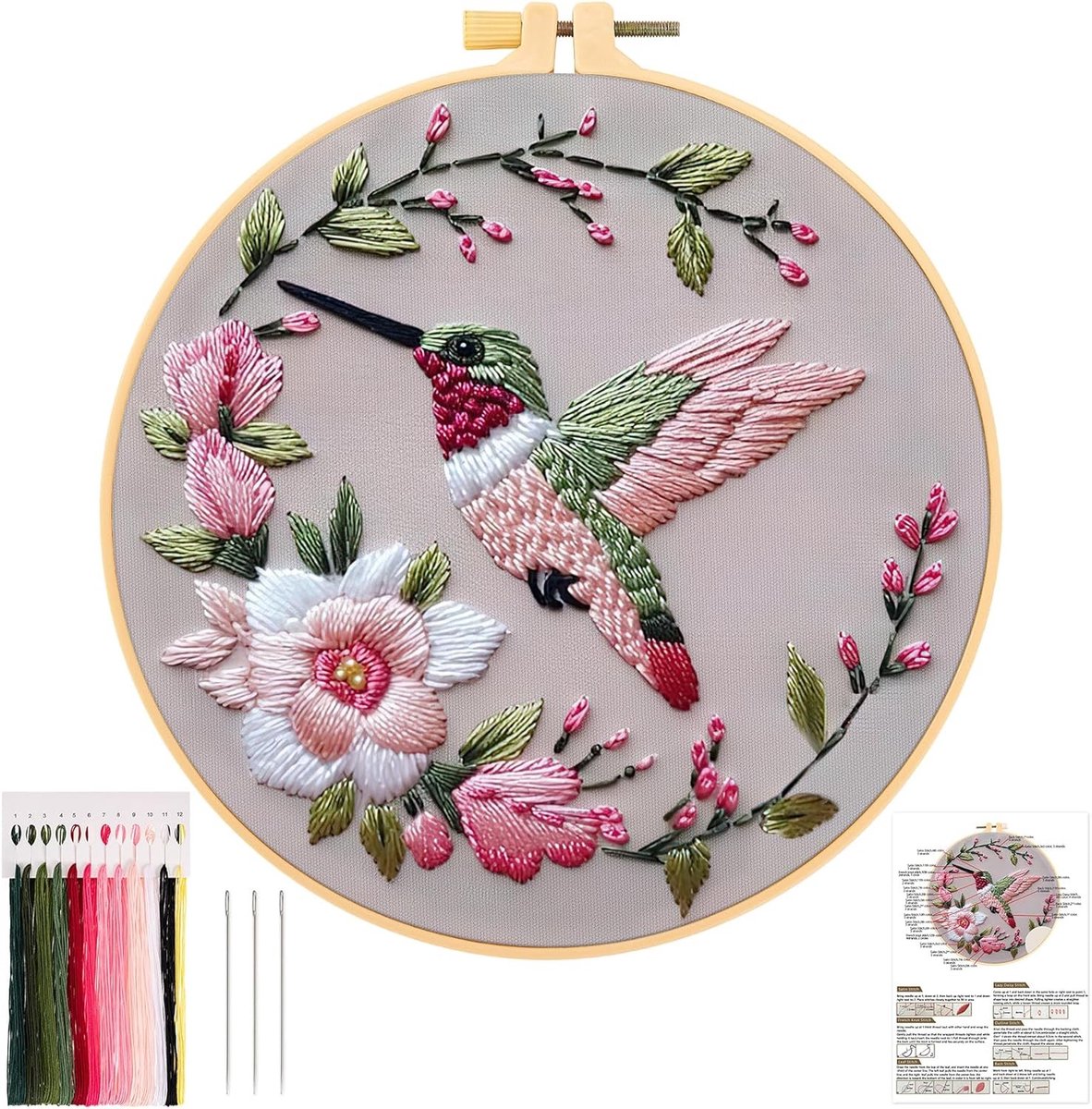 Bloem en Kolibrie Borduurset - DIY Handgemaakte Stempelkruissteek Kit voor Beginners en Volwassenen, Creatieve Borduurprojecten en Handwerkaccessoires