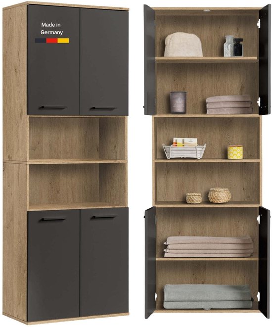 Hoge badkamerkast in eikenlook met donkergrijze deuren en open vakken, met "Made in Germany" logo.