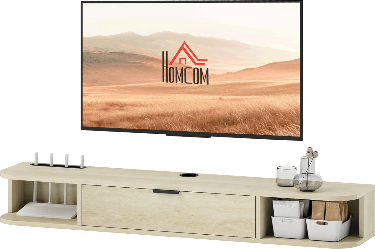 Wandgemonteerd tv-meubel - tv-standaard voor televisies tot 50 inch - uitklapbare lade - 2 planken - 120x24x16 cm - naturel hout