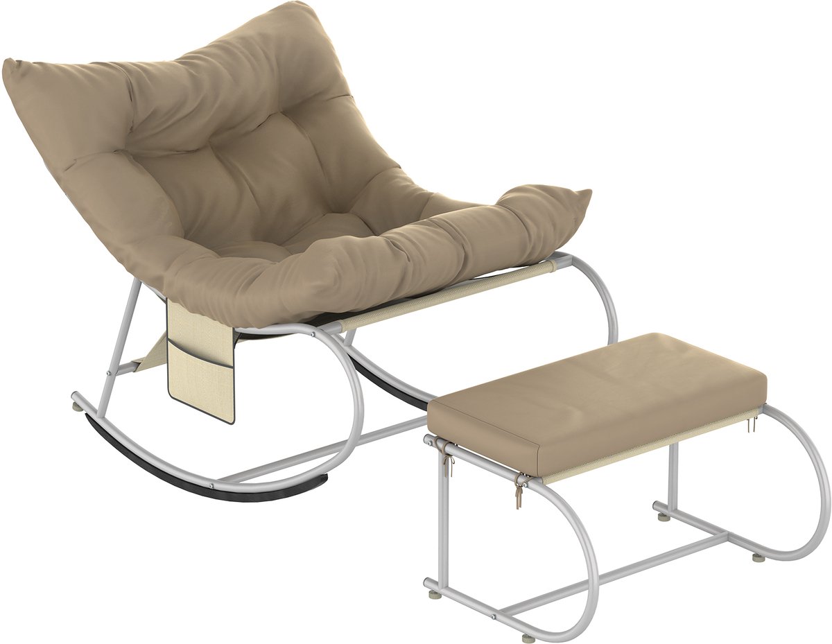 Soontrans - Schommelstoel Met Kruk - Rocking Chair Stalen Frame - Comfortabele Relaxstoel - Hoge Draagkracht - Voor Woonkamer En Balkon - Lichtbruin