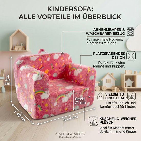 DESMIU Kinderfauteuil 64 Cm - Zacht Schuim Met Armleuningen En Afneembare Hoes - Kinderkamer En Speelkamer - Stof Roze — afbeelding 3