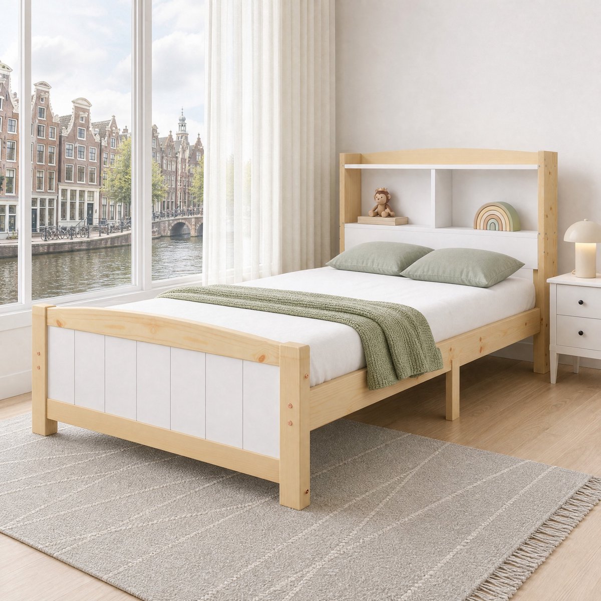 WUVRIE Bedframe eenpersoonsbed 90 x 200 cm met opbergvakken in hoofdeinde en lattenbodem, wit/naturel