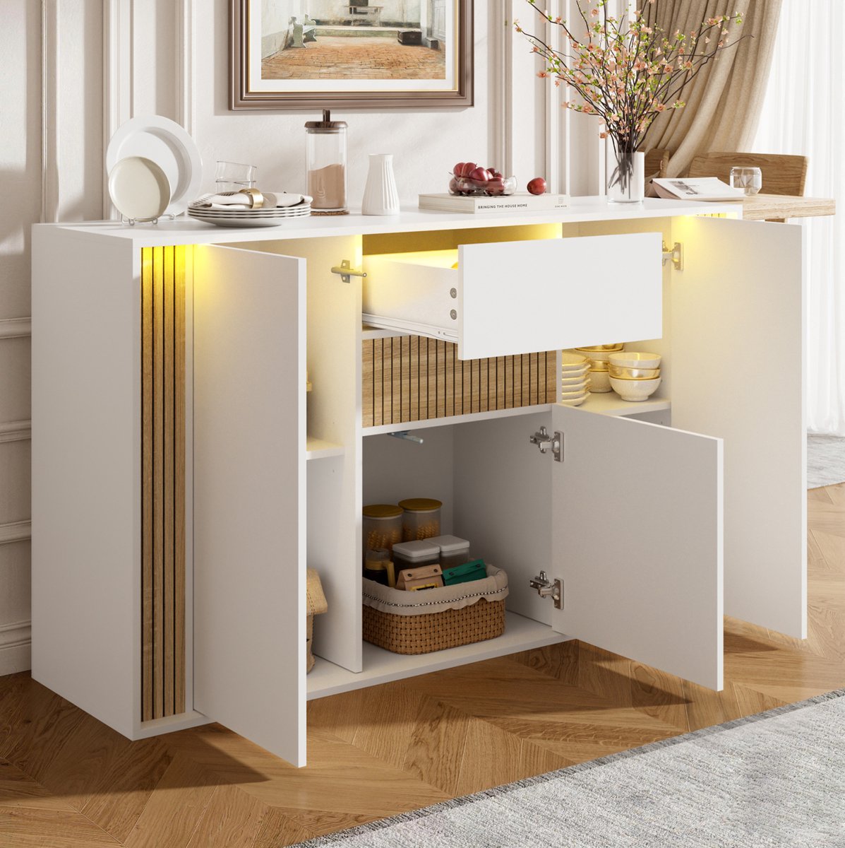 REDOM Dressoir - 3 deuren en 1 lade - Verstelbare LED-verlichting - Gesloten kast - Spaanplaat - Wit met naturel houtnerf - 140 x 40 x 82 cm