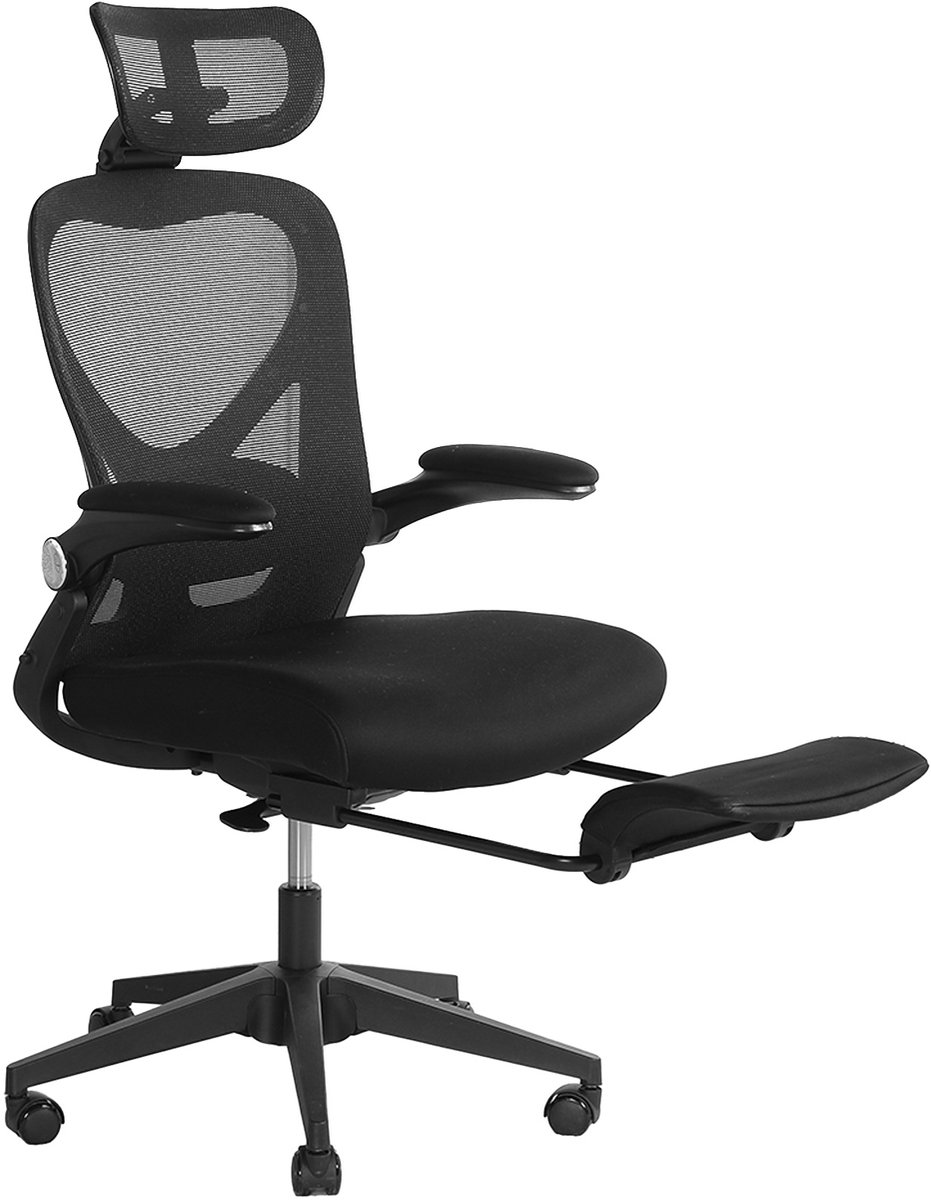 DESMIU Bureaustoel 67 cm - Ergonomisch Inklapbaar - 3D Hoofdsteun en Lendensteun - Voor Werk, Studie en Spelen - Netrug Zwart