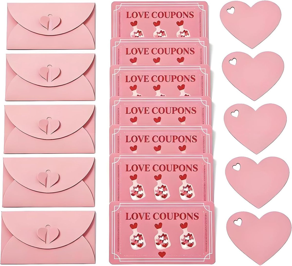 5 x doe-het-zelf krasloze set in roze met harten en enveloppen, liefdeswaardebonnen om zelf vorm te geven als Valentijnsdagcadeau voor jou, romantisch koppelspel voor verjaardag, bruiloft