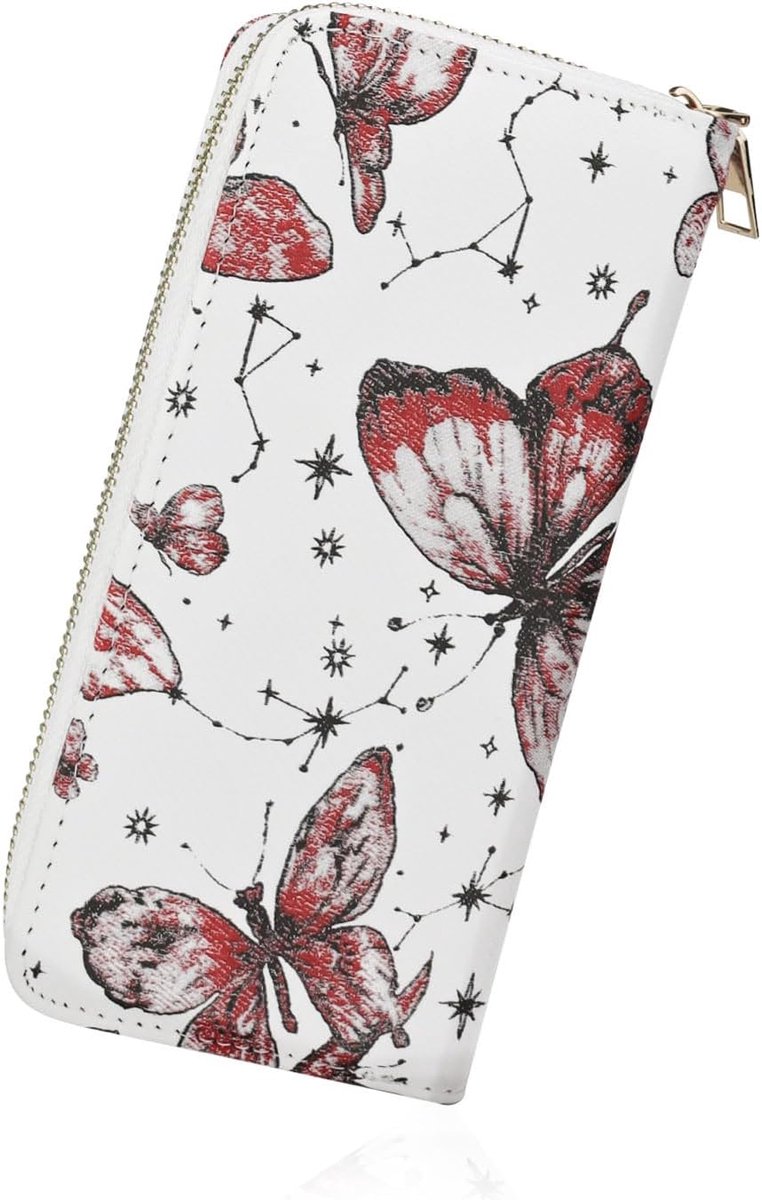 Portemonnee voor dames, PU-leer, portemonnee voor vrouwen, vlinderpatroon, portemonnee voor vrouwen met ritssluiting, voor bankkaarten, creditcards, rood, Small, Casual