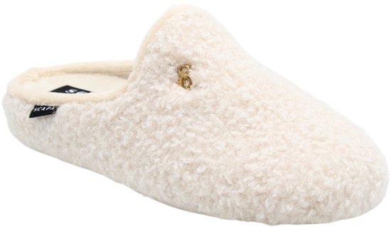 Crèmekleurige teddy pantoffel met gouden 'S' logo detail.