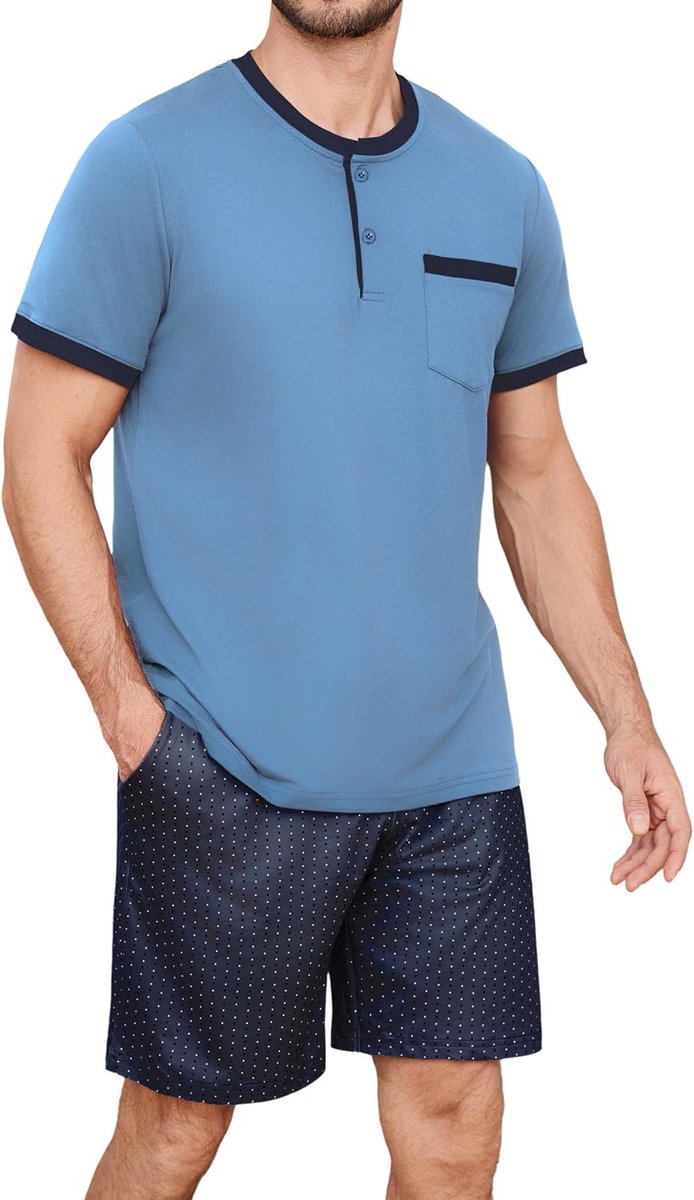 Pyjama voor heren, zomer, katoen, korte mouwen, ronde hals, knopen en shorts met stippen, met zakken en trekkoord