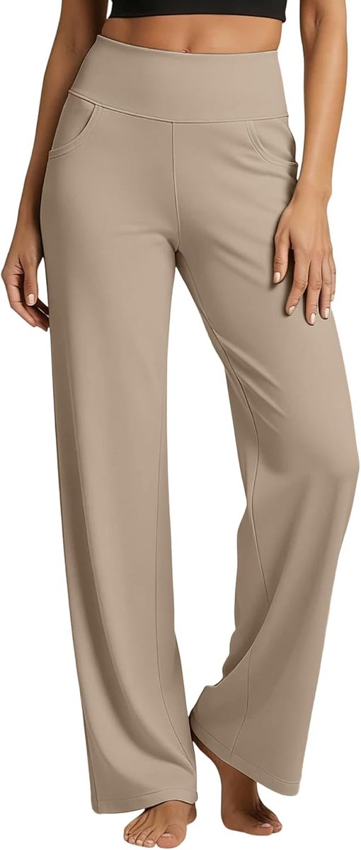 damesbroek hoge taille yoga werkbroek met zakken - lang gesneden (vanaf 165 cm lichaamslengte), kaki