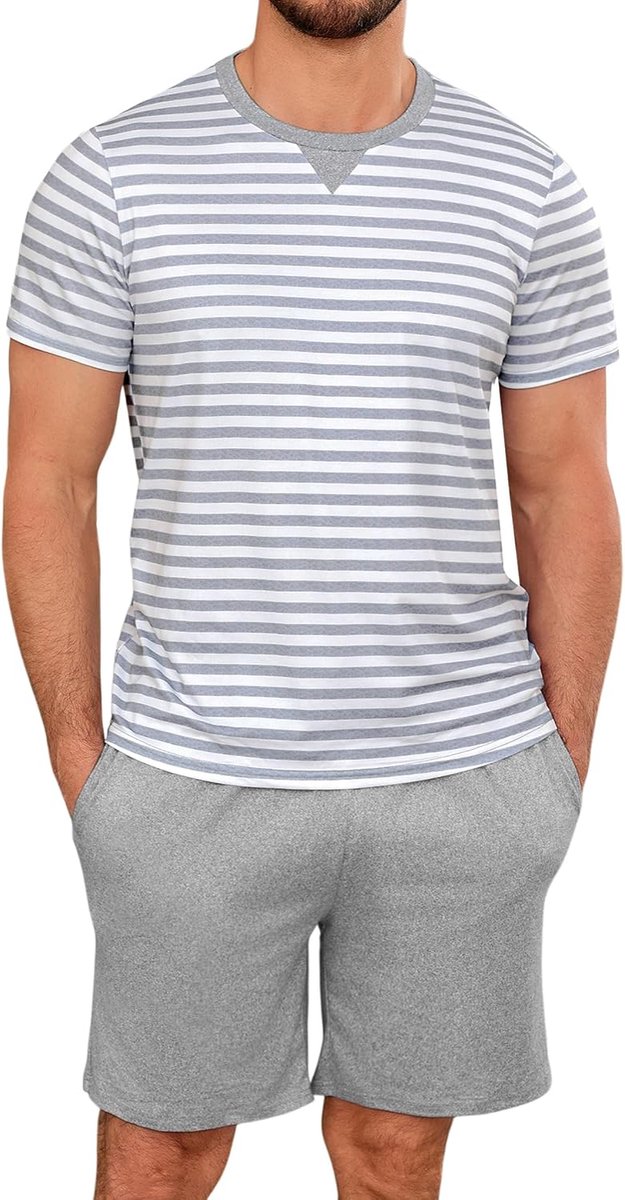 pyjama voor heren, van katoen met contrasterende strepen, zomerpyjamaset, bovendeel en korte broek, vader en partner, groen, L