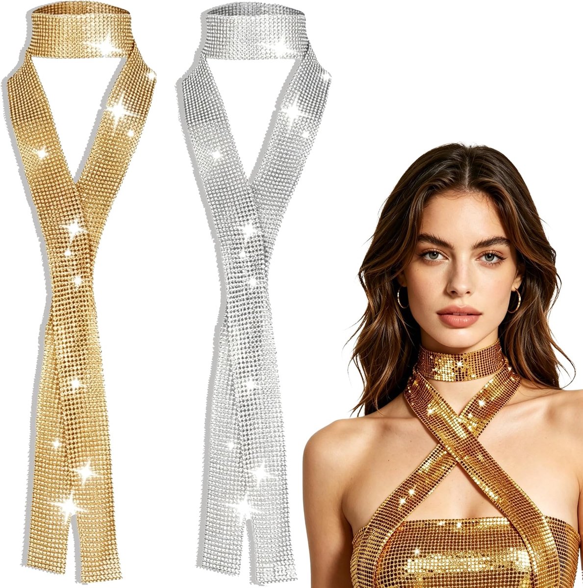 2 stuks Glitter Halsdoek, Goud-Zilveren Fonkelende Sjaal in Smalle Vorm, Pailletten Sjaal voor Dames als 70s Disco Stropdas voor Bruiloft en Carnaval
