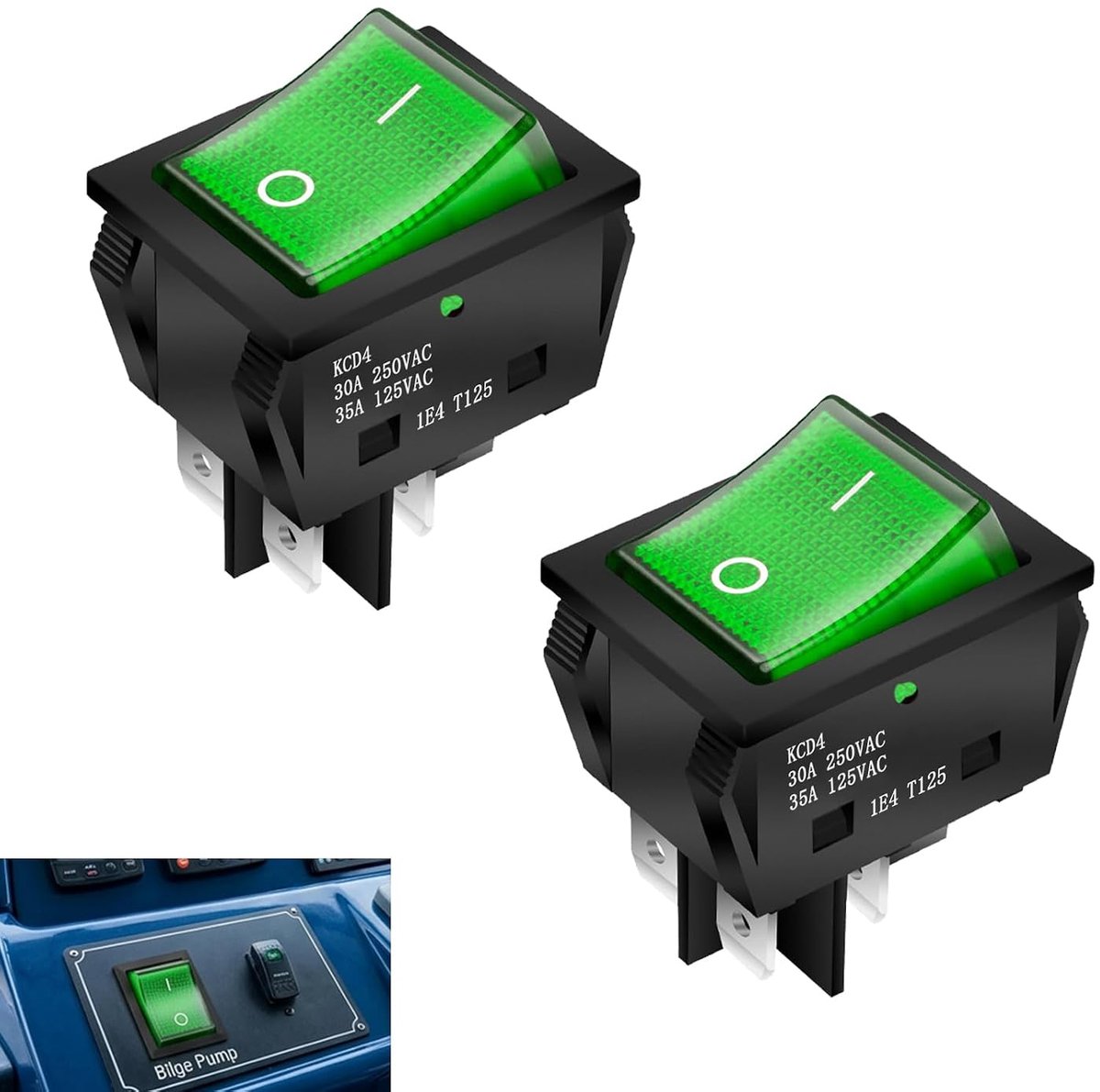 Tuimelschakelaars, schakelaar met groen controlelampje, 4-polig, DPST On Off, 30 A, 250 V, met groene indicatielampje, aan/uit, montage, klikbaar, voor auto, boot, elektrische apparaten