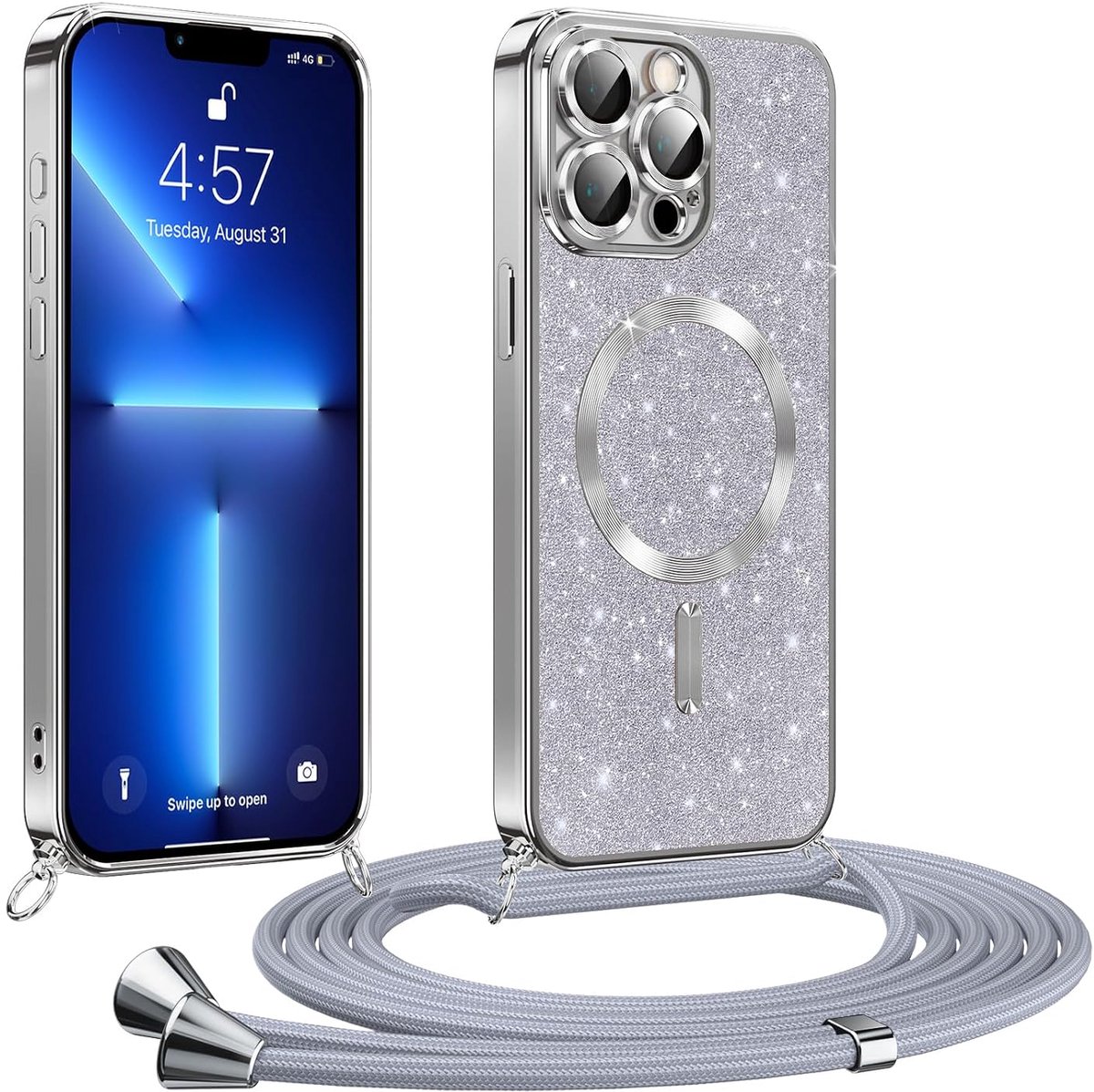 Telefoonhoesje met koord voor iPhone 13 Pro, glitter, compatibel met MagSafe, volledige bescherming, krasbestendig, schokbestendig, beschermhoes met verstelbare ketting, zilver