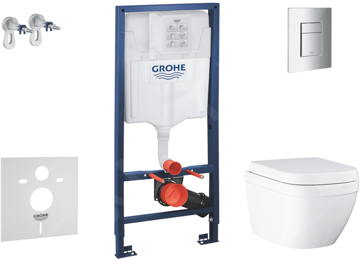 Grohe Solido - Voorwand montageset, toilet en toiletzitting Euro Ceramic, softclose, Triple Vortex, Even bedieningsplaat, chroom SANI15BB1105