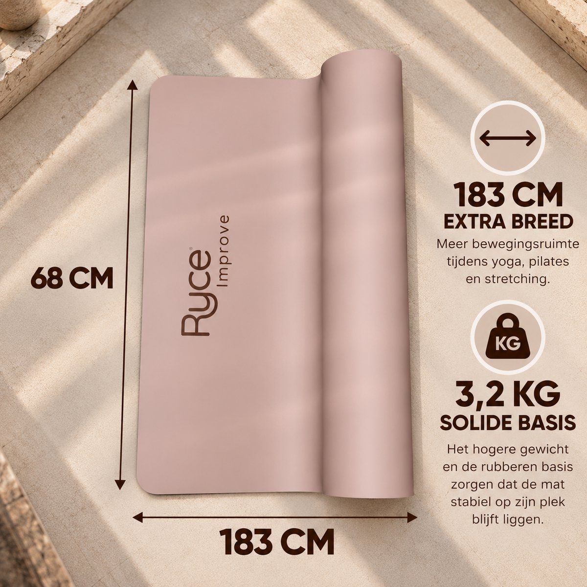 Ryce® Yogamat - PU Rubber - Pilates - Fitness - Anti Slip - Extra Dik - Breed - 183x68x0,5 cm - Tas - Donker Roze thumbnail 5