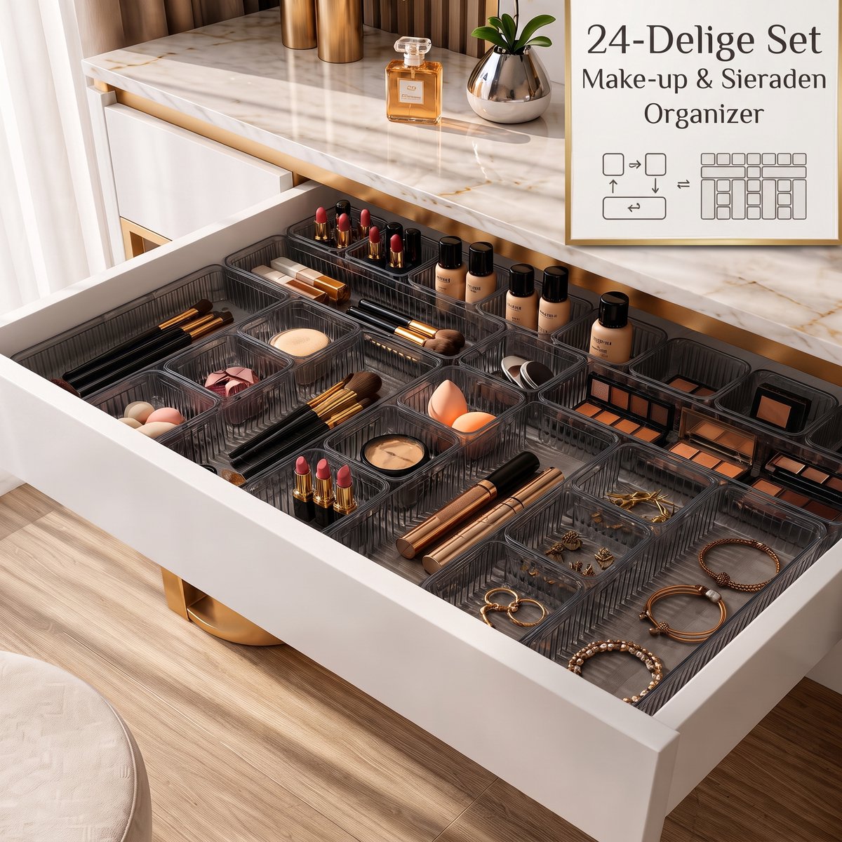 INDECOR Lade Organizer Bakjes Set 24 Stuks - Keukenlade Organizer - Bestek Organizer - Ladeverdeler - Opbergbakjes - Make-up & Sieraden Organizer - Voor Keuken, Badkamer & Bureau - Fumé