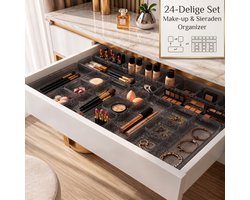 Make INDECOR Lade Organizer Bakjes Set 24 - Keukenlade Organizer - Bestek Organizer - Ladeverdeler - Opbergbakjes - -up & Sieraden Organizer - Voor Keuken, Badkamer & Bureau - Fumé - 24 stuks