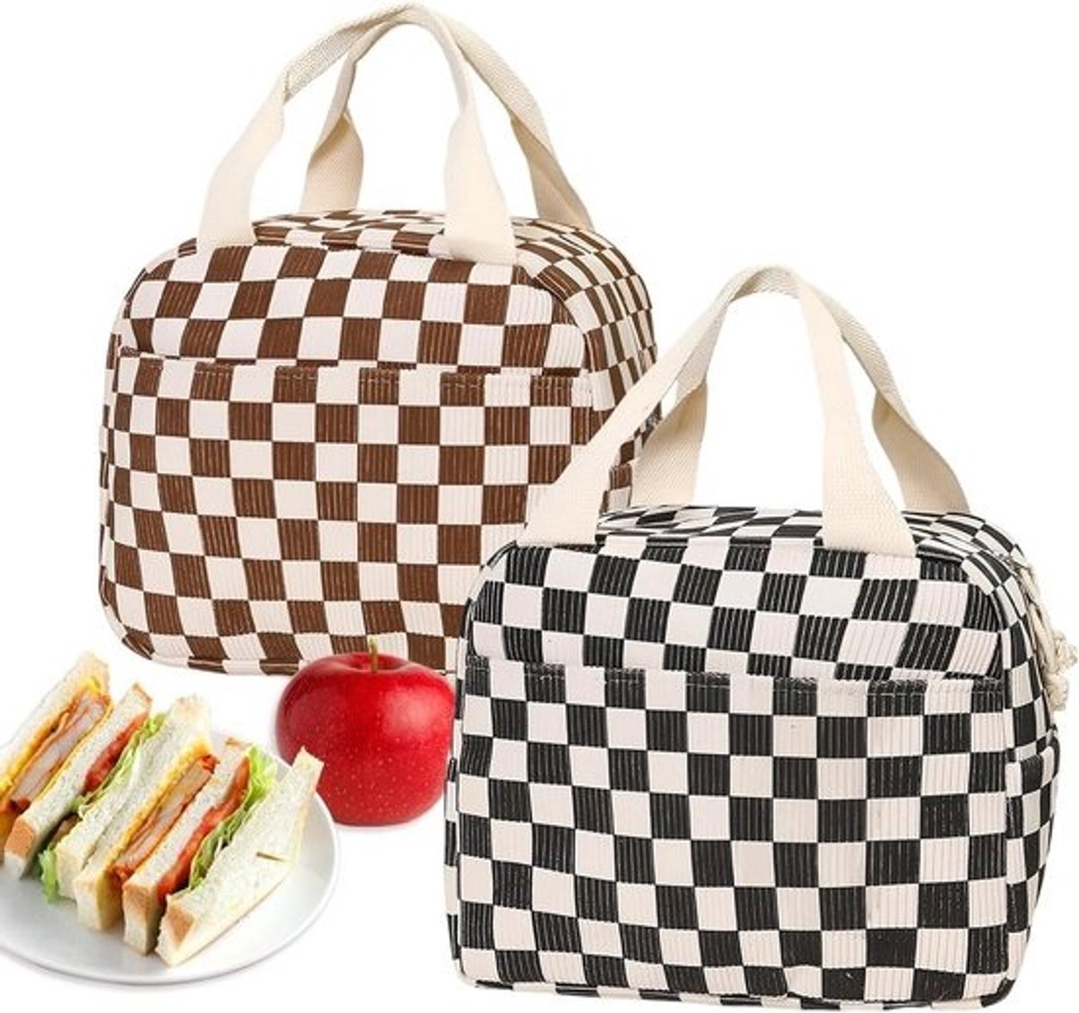 Lunchbox set met 2 stukken - koeltas in zwart en wit van corduroy en aluminiumfolie - geïsoleerde lunchtas met zijvakken