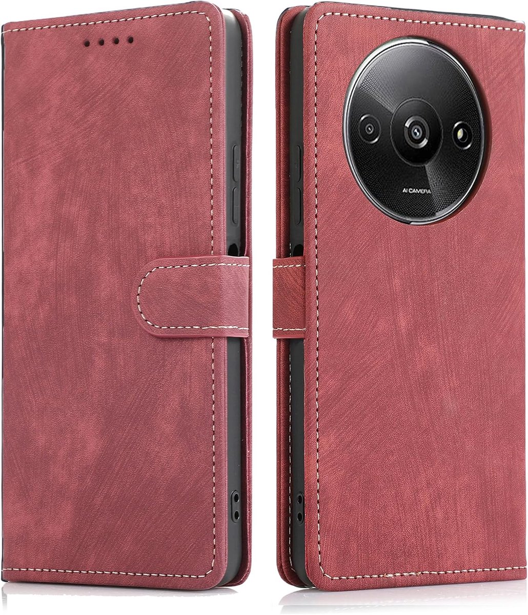 Hoesje voor Xiaomi Redmi A3 4G (6.71") Hoes, Telefoonhoes PU Lederen Portemonnee, Kaartenvak, Standfunctie en Magneet Klaphoes, Beschermhoes, Rood