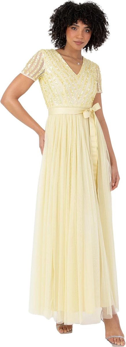 Deluxe Maxi-jurk voor dames dames vlechtmeisje V-hals baljurk korte mouwen lange elegante empire-taille met riem citroen maat 14, Citroen, 40