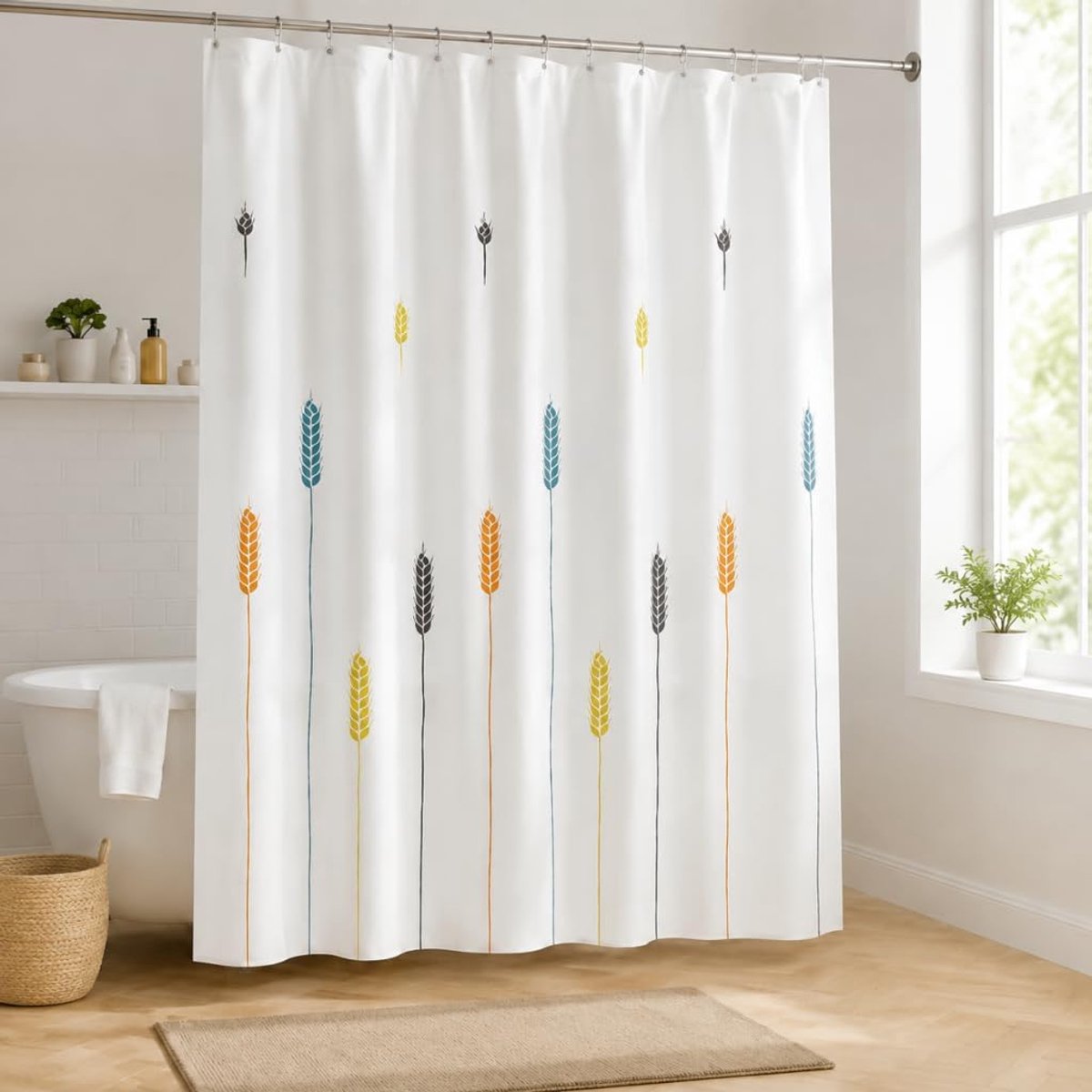 Waterdicht Sneldrogend Douchegordijn Tarwe, Extra Breed Douchegordijnen Schimmelbestendig Wasbaar, Douchegordijnen Wit Verzwaarde Zoom met Haken, voor Natte Kamer, 200x200 cm