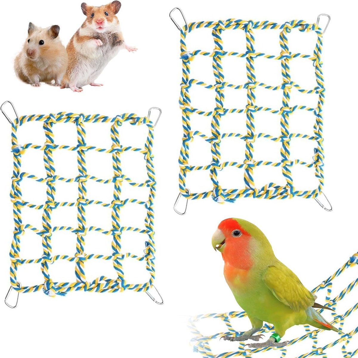 2 stuks rattenklimtouwen voor kooi-accessoires - rattenspeelgoed met hangmat, katoenen touwbrug voor vogel, ladder met 4 zilveren haken (geel)