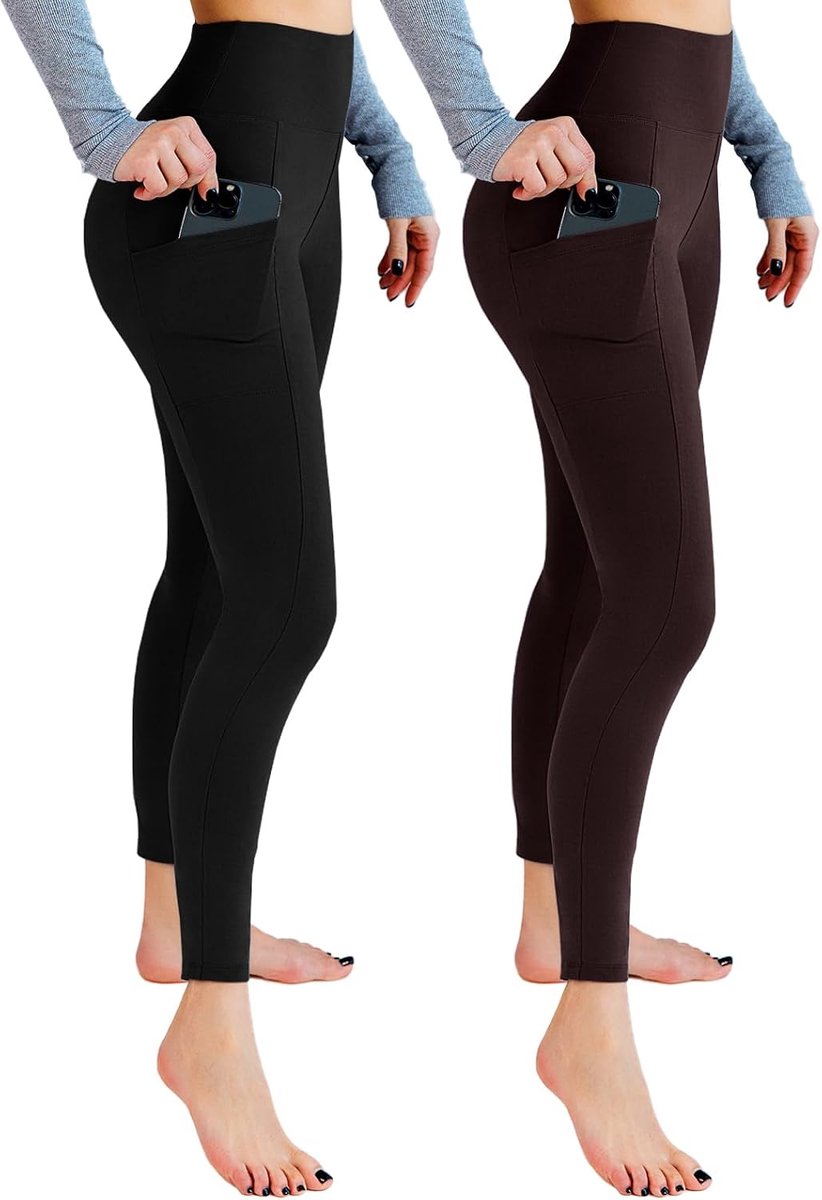 Leggings voor dames, hoge taille, ondoorzichtige leggings met zakken voor work-out, sport, yoga, hardlopen, 2 stuks