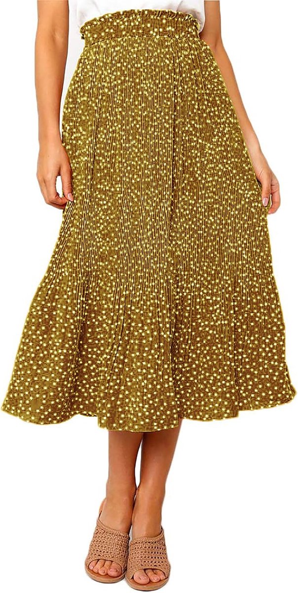 Midirok voor dames, plisseerrok met 2 zakken, polkadots, lange hoge taille, maxi-rok, zomer, elastische tailleband, luchtige zomerrok
