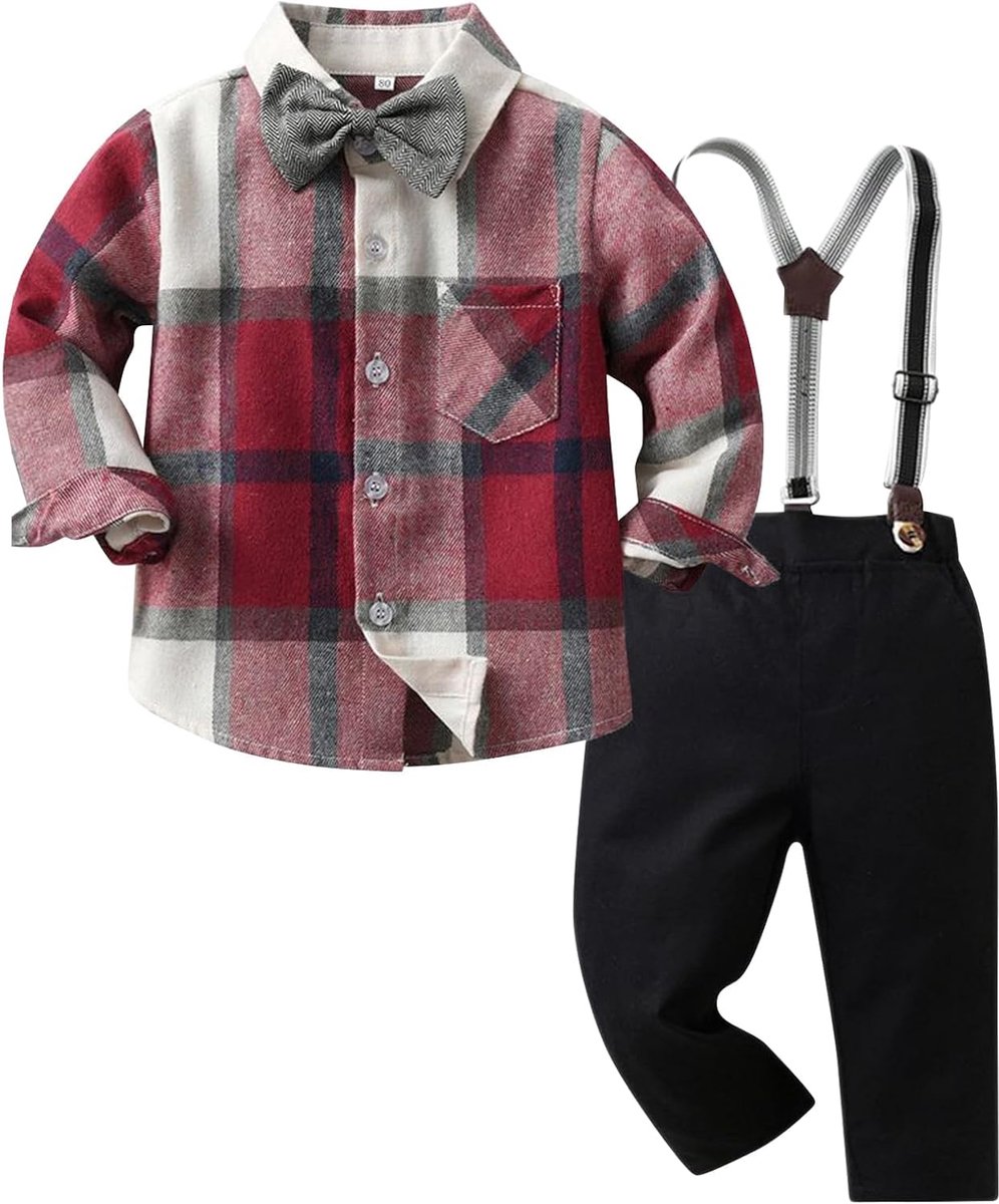 Jongens gentleman plaid jurk kinderen lange mouwen hemd met vlinderdas bretels broek jurk kinderen voor 1-7 jaar