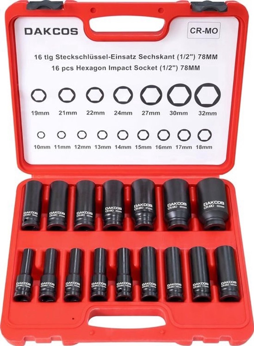 Thijox - 16-delige 1/2" zeskant kracht doppenset - Diepe socket metrisch 10-32 mm voor slagmoersleutel en momentsleutel, gemaakt van duurzaam CR-MO st