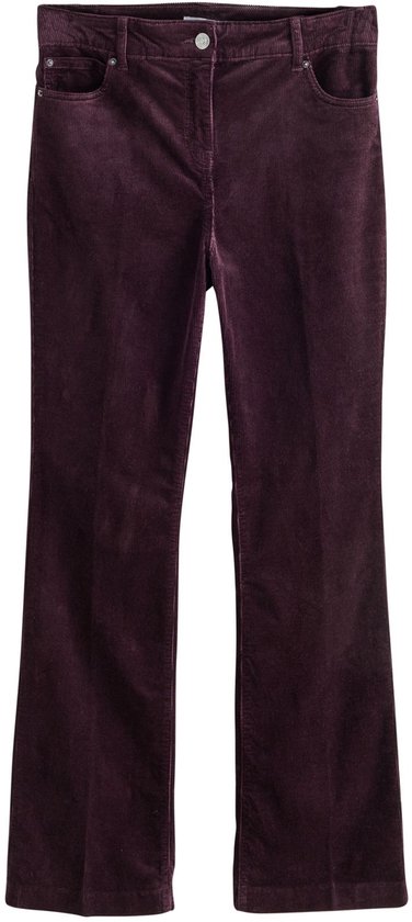 Donkerpaarse bootcut broek van corduroy met knoopsluiting en vijf zakken.