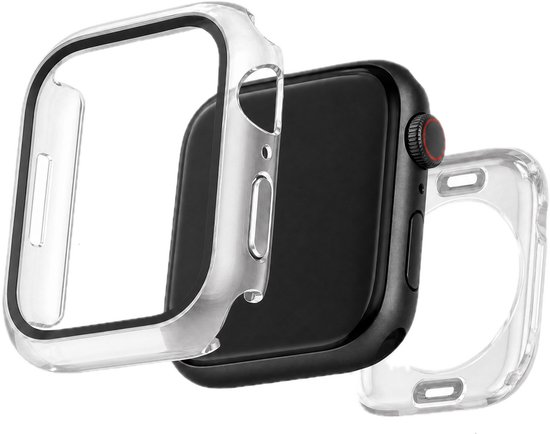 Transparante hardcase met zwarte rand, los van een zwart Apple Watch.